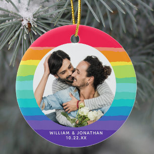 Rainbow Gay Couple Photo Ceramic Tree Decoration