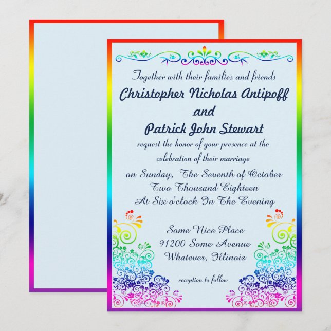 Rainbow Gay Elegant Stylish Pride Wedding Invitation (Front/Back)