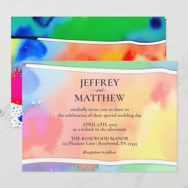 Rainbow Gay Lesbian Watercolor Wedding Invitation (Front/Back)