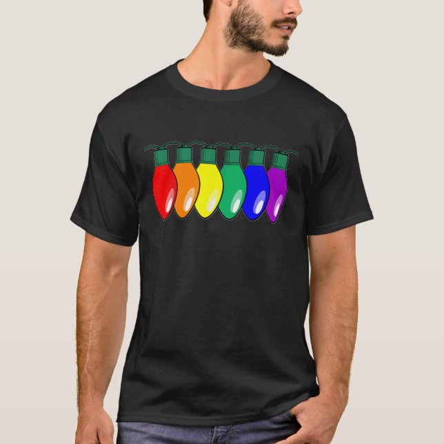 Rainbow Gay Pride Christmas Lights  T-Shirt (Front)