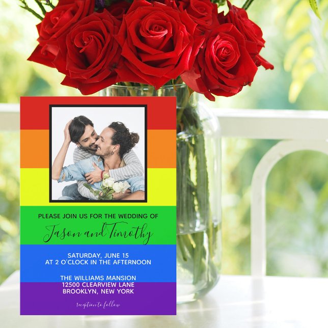 Rainbow Gay Pride Couple Photo Striped Wedding Invitation (Creator Uploaded)