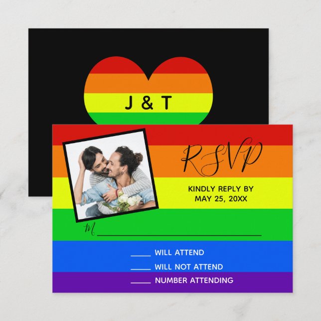 Rainbow Gay Pride Couple Photo Striped Wedding RSVP Card (Front/Back)