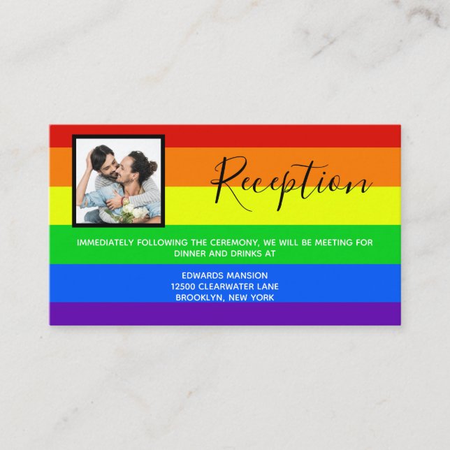 Rainbow Gay Pride Couple Photo Wedding Reception Enclosure Card (Front)