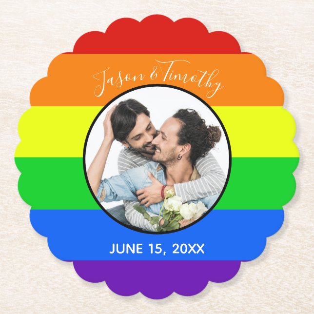 Rainbow Gay Pride Custom Couple Photo Bold Wedding Paper Coaster (Front)