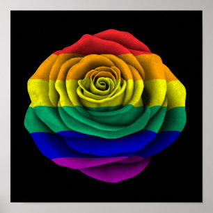 Rainbow Gay Pride Rose Flag on Black Poster