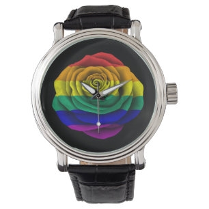Rainbow Gay Pride Rose Flag on Black Watch