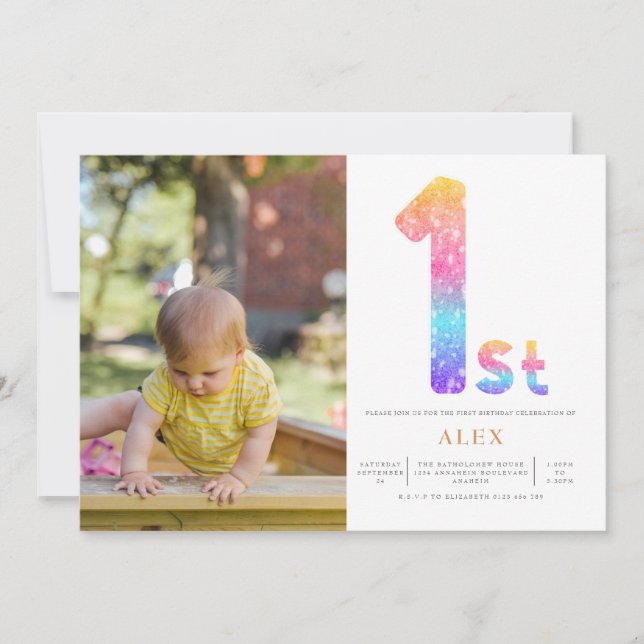 Rainbow Gender Neutral 1st Birthday Photo Invitation (Front)