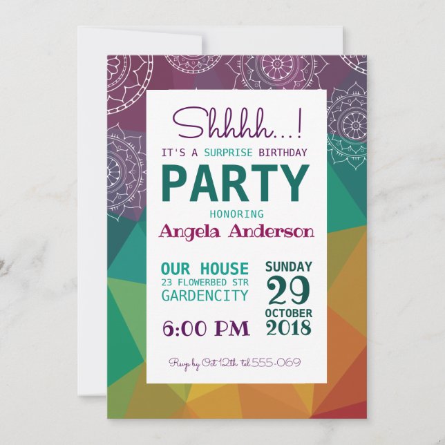 Rainbow geometry mandala surprise party invitation (Front)
