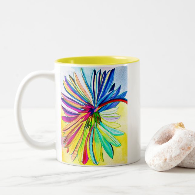 Rainbow gerbera colourful flower  Two-Tone coffee mug (With Donut)
