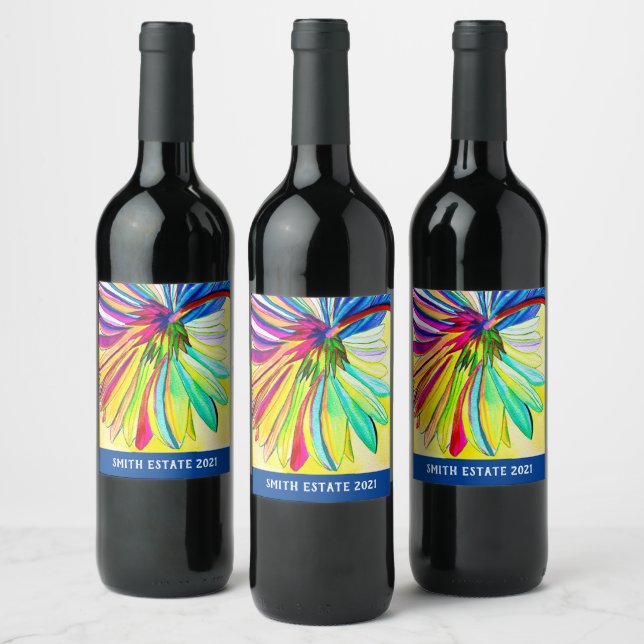 Rainbow gerbera colourful flower  wine label (Bottles)