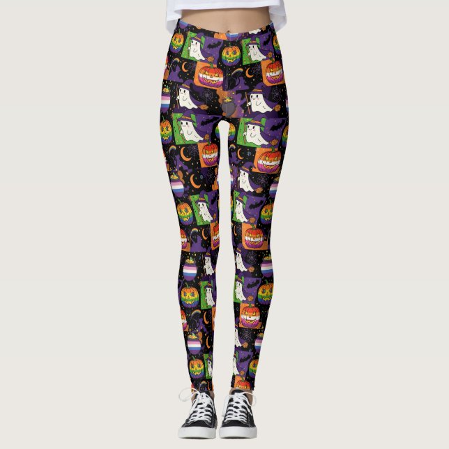 Rainbow Ghost and Pumpkin Pride Halloween Leggings (Front)