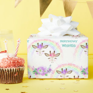 Rainbow Giraffe Faces Birthday Wrapping Paper