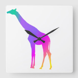 Rainbow Giraffe Square Wall Clock