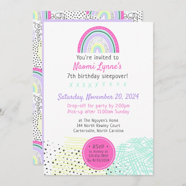 Rainbow Girl 90's Birthday Sleepover Kawaii Party Invitation (Front/Back)