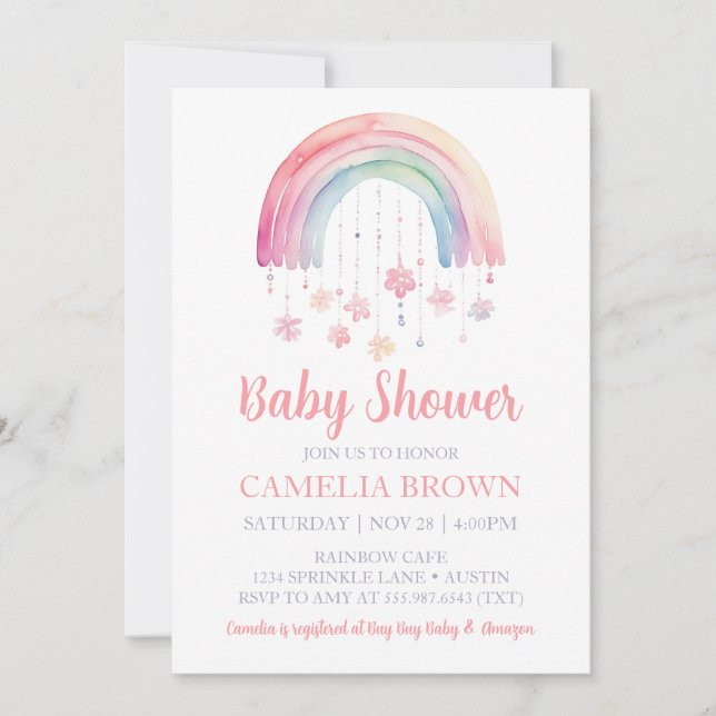 Rainbow Girl Baby Shower Pastel Watercolor Invitation (Front)