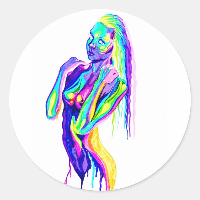 Rainbow girl  canvas print classic round sticker (Front)