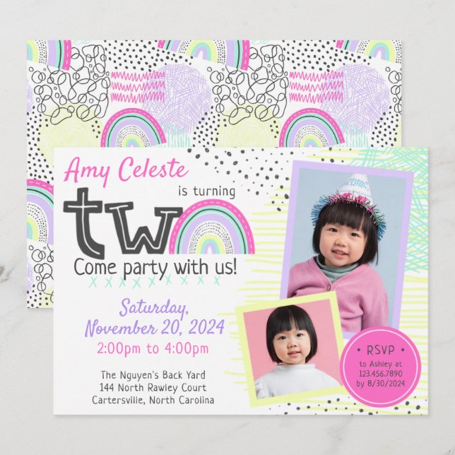 Rainbow Girl's 2nd Birthday Kawaii Doodles 2-Photo Invitation (Front/Back)
