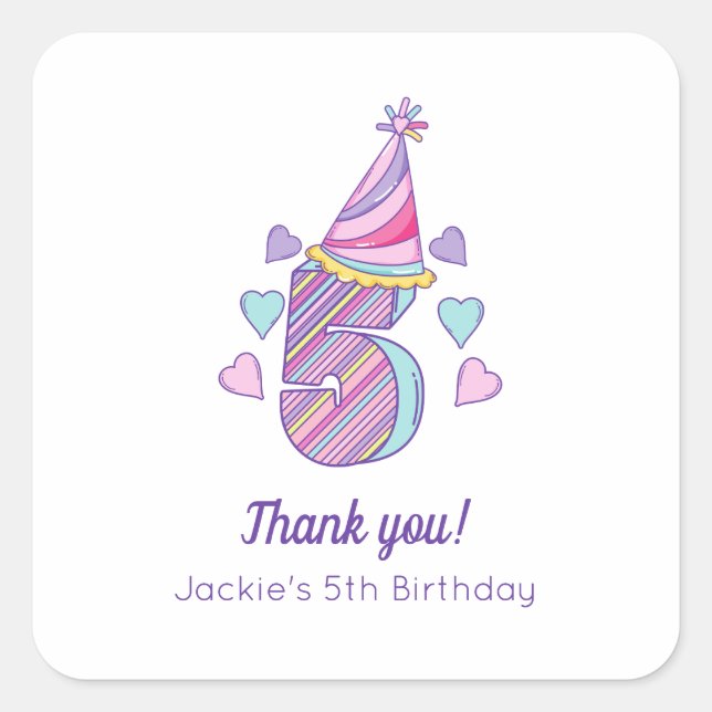 Rainbow Girls 5th Birthday Party Favour Sticker (Front)