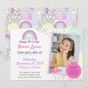 Rainbow Girl's 90's Birthday Kawaii Doodles Photo Invitation