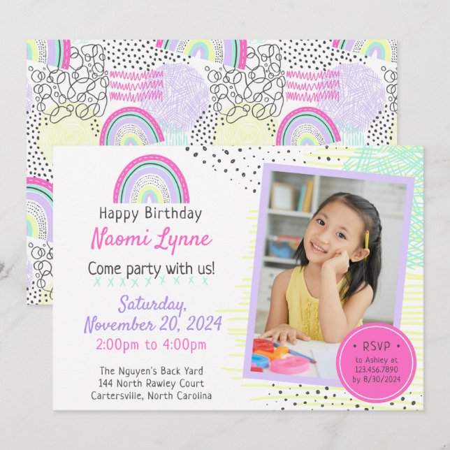 Rainbow Girl's 90's Birthday Kawaii Doodles Photo Invitation (Front/Back)