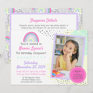 Rainbow Girl's 90's Birthday Sleepover Party Photo Invitation