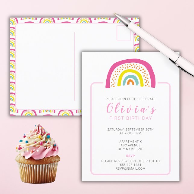 Rainbow Girls First Birthday Party Invitation Postcard (Girls Birthday Party Invitation postcard with colorful pink rainbow design.)