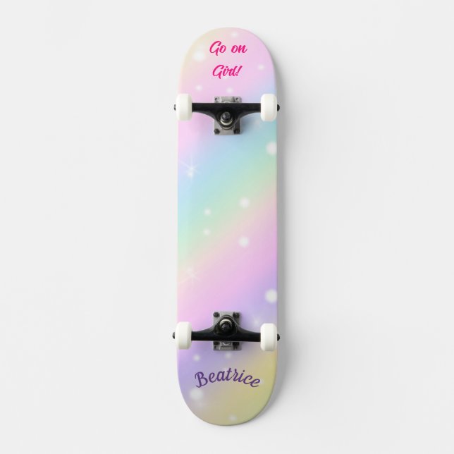 Rainbow  Girly Custom Personalised Name Skateboard (Front)