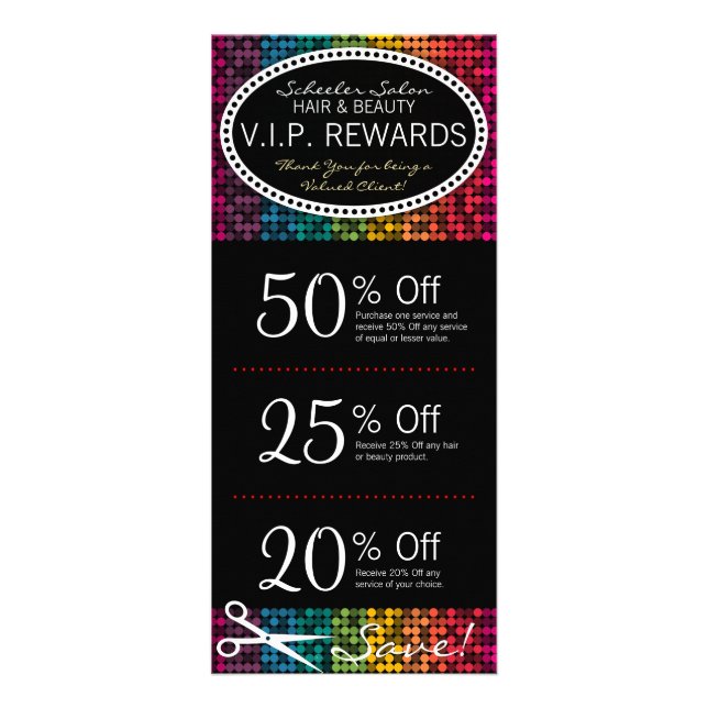 Rainbow Glam Custom Salon Coupon Rack Cards (Front)