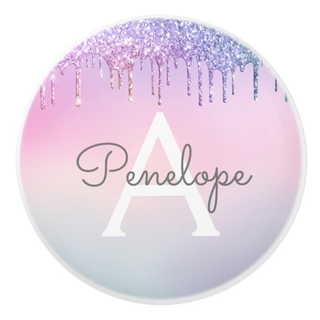 Rainbow Glam Glitter Drips With Monogram Ceramic Knob (Front)