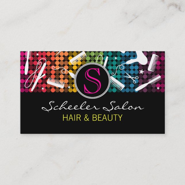 Rainbow Glam Hair Salon Monogram Business Cards (Front)