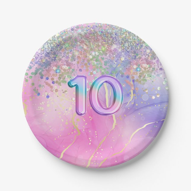 Rainbow Glitter 10th Birthday Party  Paper Plate (Front)