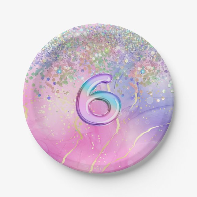 Rainbow Glitter 6th Birthday Party  Paper Plate (Front)
