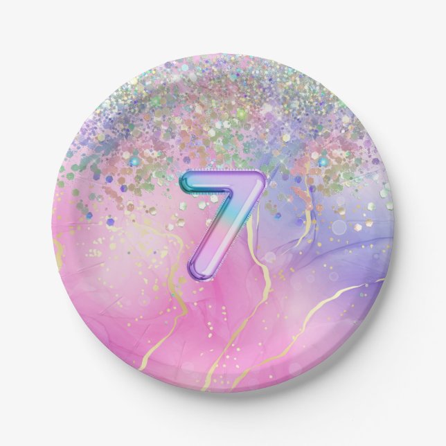Rainbow Glitter 7th Birthday Party  Paper Plate (Front)