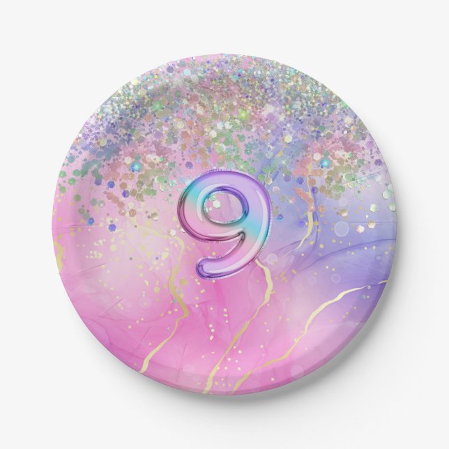 Rainbow Glitter 9th Birthday Party  Paper Plate (Front)
