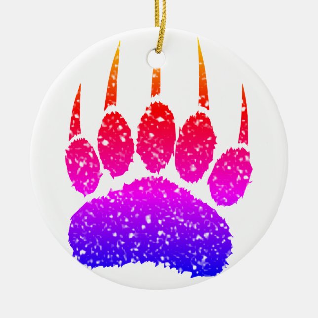 Rainbow Glitter Bear Paw Print Drawing Ceramic Tree Decoration (Front)