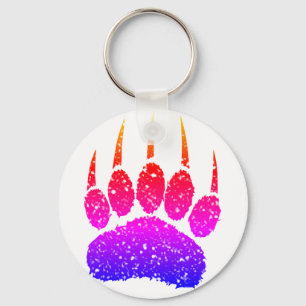 Rainbow Glitter Bear Paw Print Drawing Key Ring