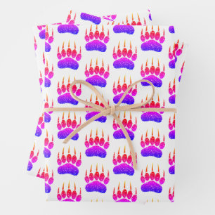 Rainbow Glitter Bear Paw Print Drawing Wrapping Paper Sheet