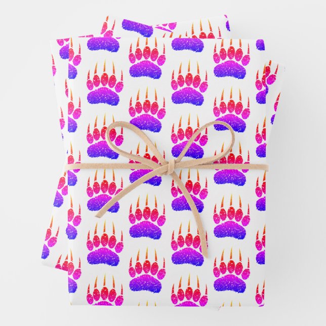 Rainbow Glitter Bear Paw Print Drawing Wrapping Paper Sheet (In situ)