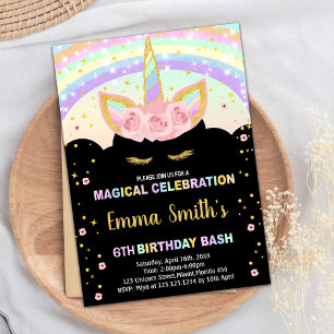Rainbow Glitter Black Unicorn Birthday Invitations