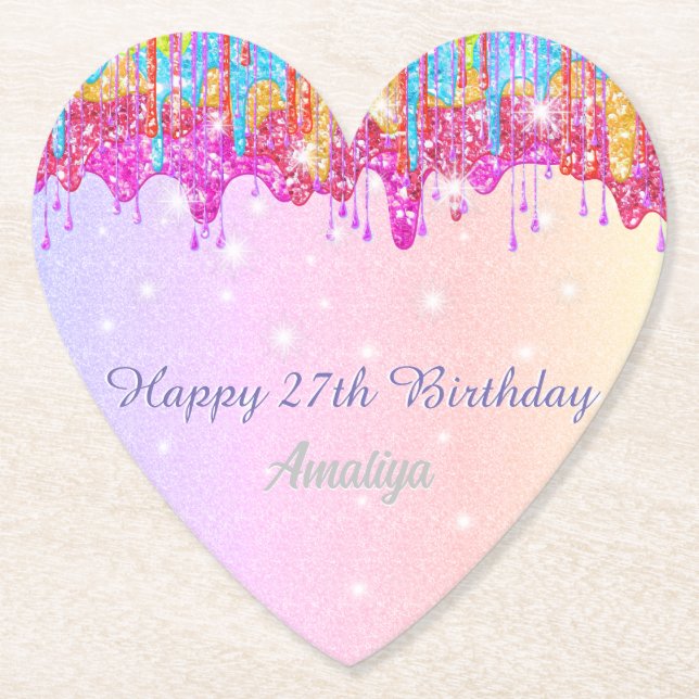 Rainbow glitter-bright colour sparkle for birthday paper coaster (Front)
