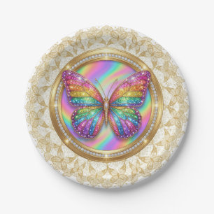 Rainbow Glitter Butterfly Elegant Lace Party Paper Plate