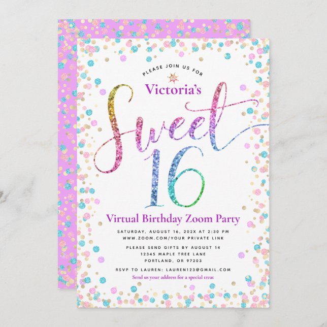 Rainbow Glitter Confetti Virtual Sweet 16 Birthday Invitation (Front/Back)