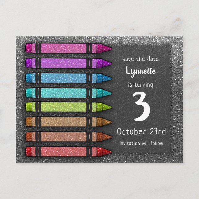 Rainbow Glitter Crayon Cute Save The Date Birthday Announcement Postcard (Front)