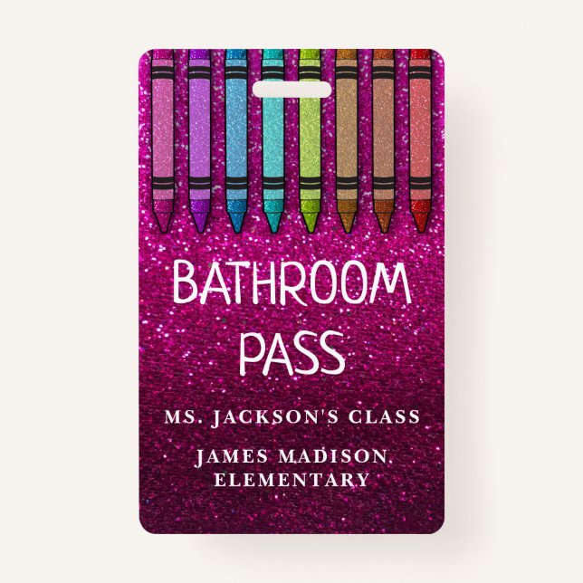 Rainbow Glitter Crayons Teacher Bathroom Hall Pass ID Badge (Front)