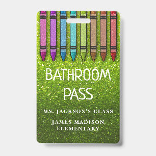 Rainbow Glitter Crayons Teacher Bathroom Hall Pass ID Badge