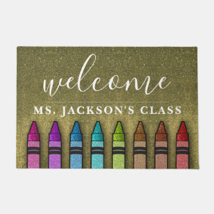 Rainbow Glitter Crayons Teacher Classroom School Doormat