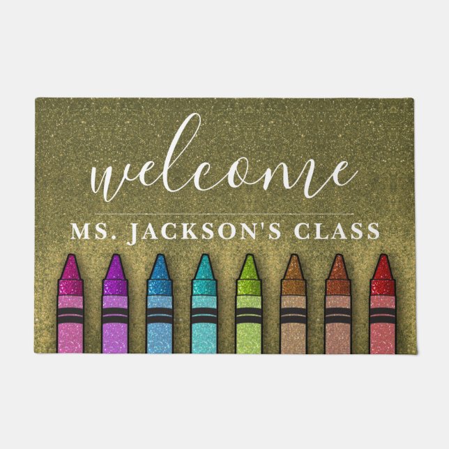 Rainbow Glitter Crayons Teacher Classroom School Doormat (Front)