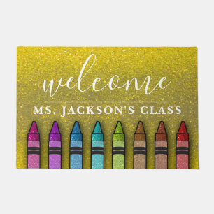 Rainbow Glitter Crayons Teacher Classroom School Doormat