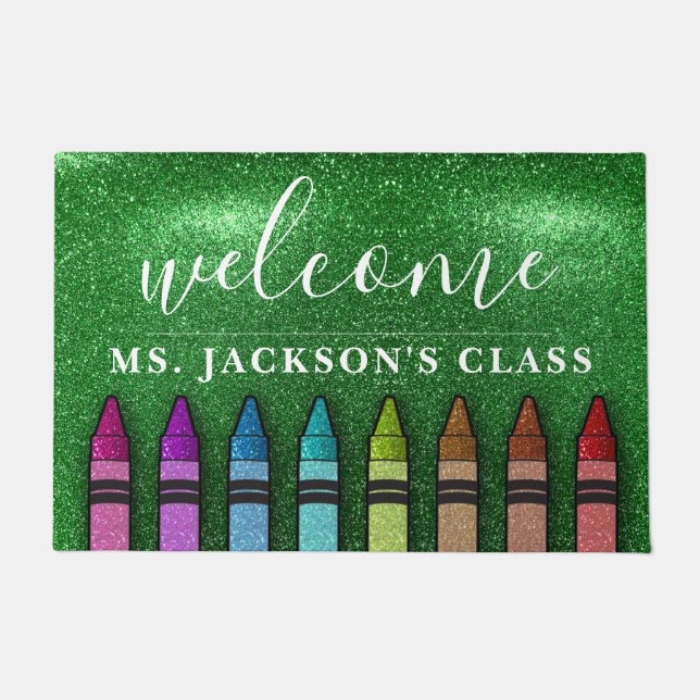 Rainbow Glitter Crayons Teacher Classroom School Doormat (Front)