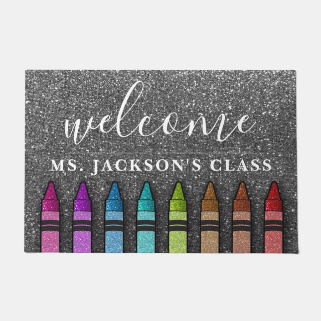 Rainbow Glitter Crayons Teacher Classroom School Doormat (Front)